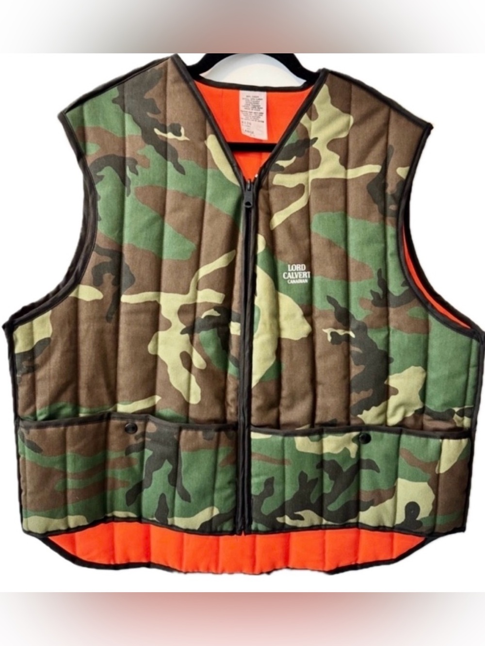 Vintage Lord Calvert Reversible Hunting Vest Camo Blaze Orange USA Made Men’s L